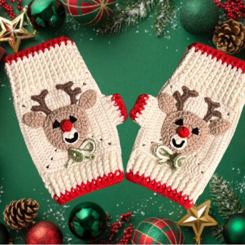 Reindeer Knit Mittens for Kids/ teenage - Red and Cream